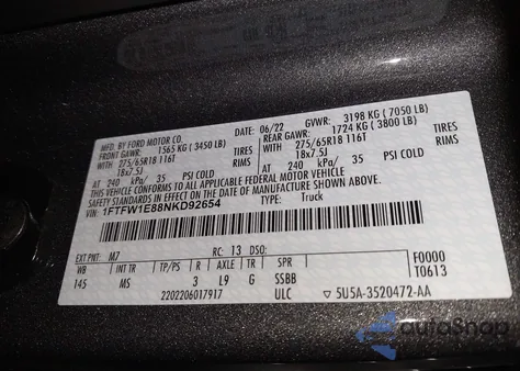 2022 Ford F-150 Xlt z USA, uszkodzony, nr VIN 1FTFW1E88NKD92654